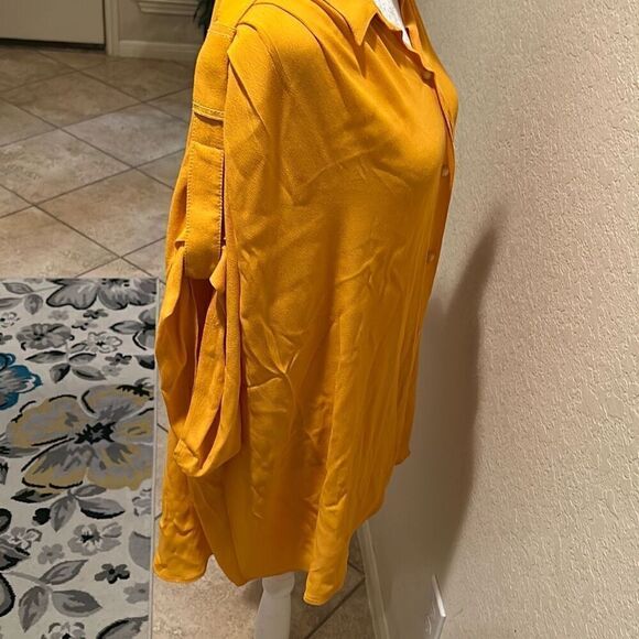 Diane Von Furstenberg L Roll Tab Sleeve Button Up Blouse Mustard Yellow Office - Picture 4 of 11